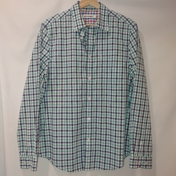 Ben Sherman The House Gingham Shirt Button Front Long Sleeve Green Blue Medium - Picture 2 of 8